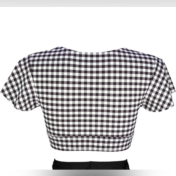 CocoShip Womens 14 Retro Ruched Ruffle Tie Knot Front Top in Gingham Black White - Picture 2 of 9